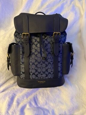 Coach Navy chambray denim and Black Signature Canvas Backpack with Gold Accents